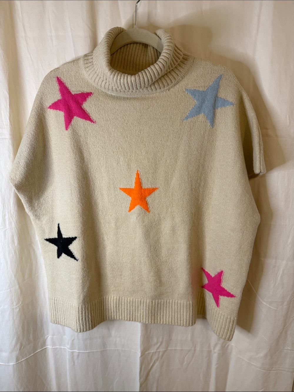 THML Cream Turtleneck Sweater with Multicolor Star Appliqués